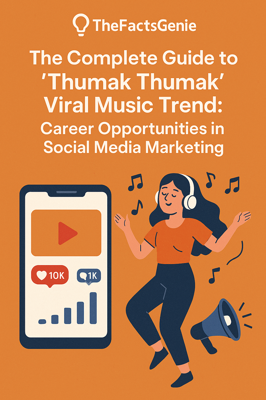 Colorful Studio Ghibli-style illustration featuring dancing figures with musical notes and social media icons, representing the Thumak Thumak viral music trend and career opportunities in social media marketing, with TheFactsGenie watermark